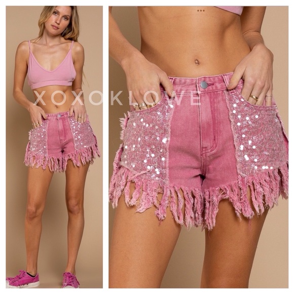POL Barbie Pink Sequin Sparkle Bling Fringe Shorts - Picture 1 of 14